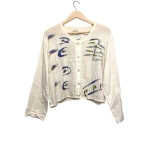 Sloop Jones Art To Wear Crop Button Shirt Women Size Medium‎ White Hand Painted